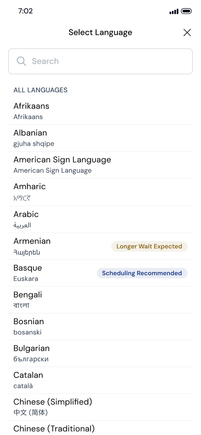 Tarjimly language selection screen