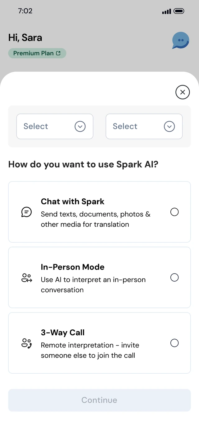 Tarjimly Spark modes screen