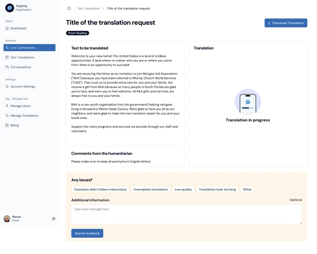 Tarjimly web translation workspace